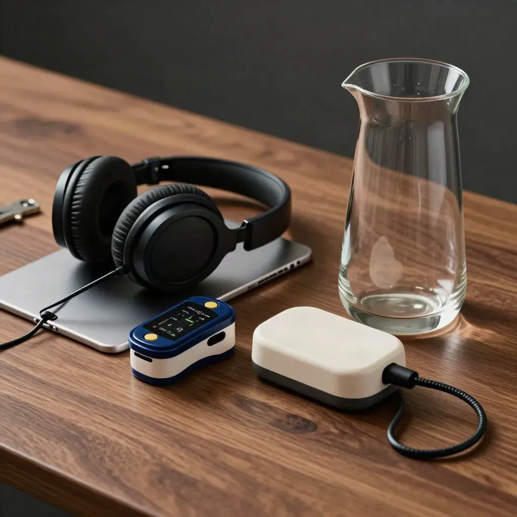 Telehealth kit still life with tablet stand, headset, pulse oximeter, dock and glass carafe.