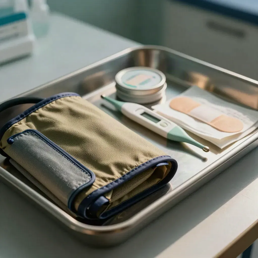 Macro of a blood-pressure cuff, thermometer, bandage tin, swab pads and steel tray