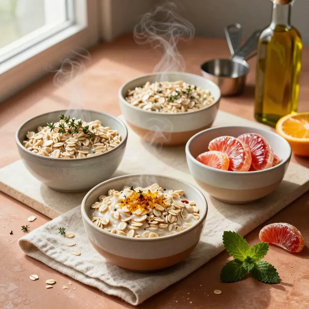 Top-down still life of oats, citrus, herbs, measuring cups, and olive oil