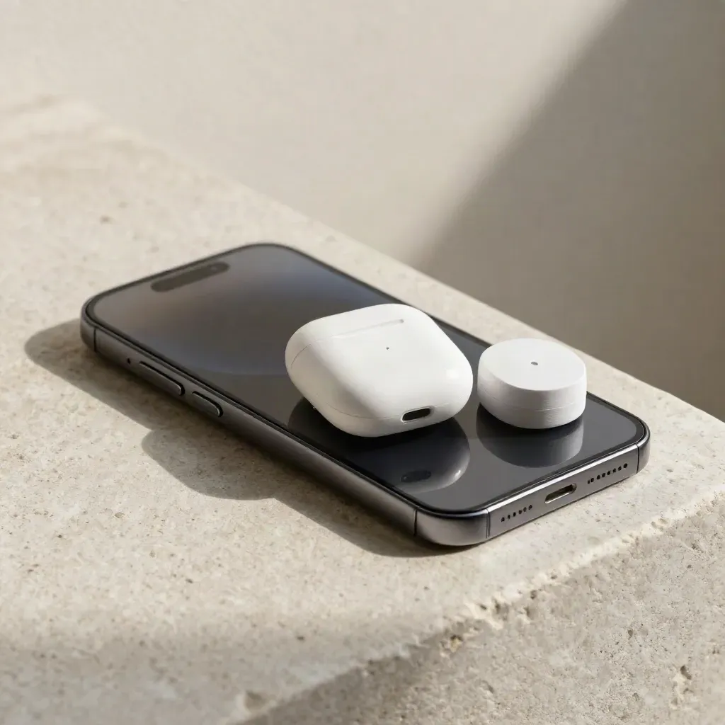 Face-down phone with earbuds and charging puck on a pale stone ledge, lit from the left.