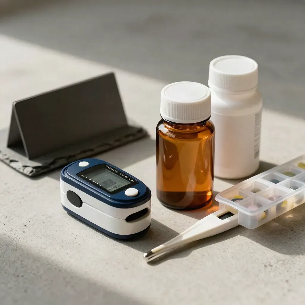 Medication bottles, pulse oximeter, thermometer, and pill organizer on pale concrete