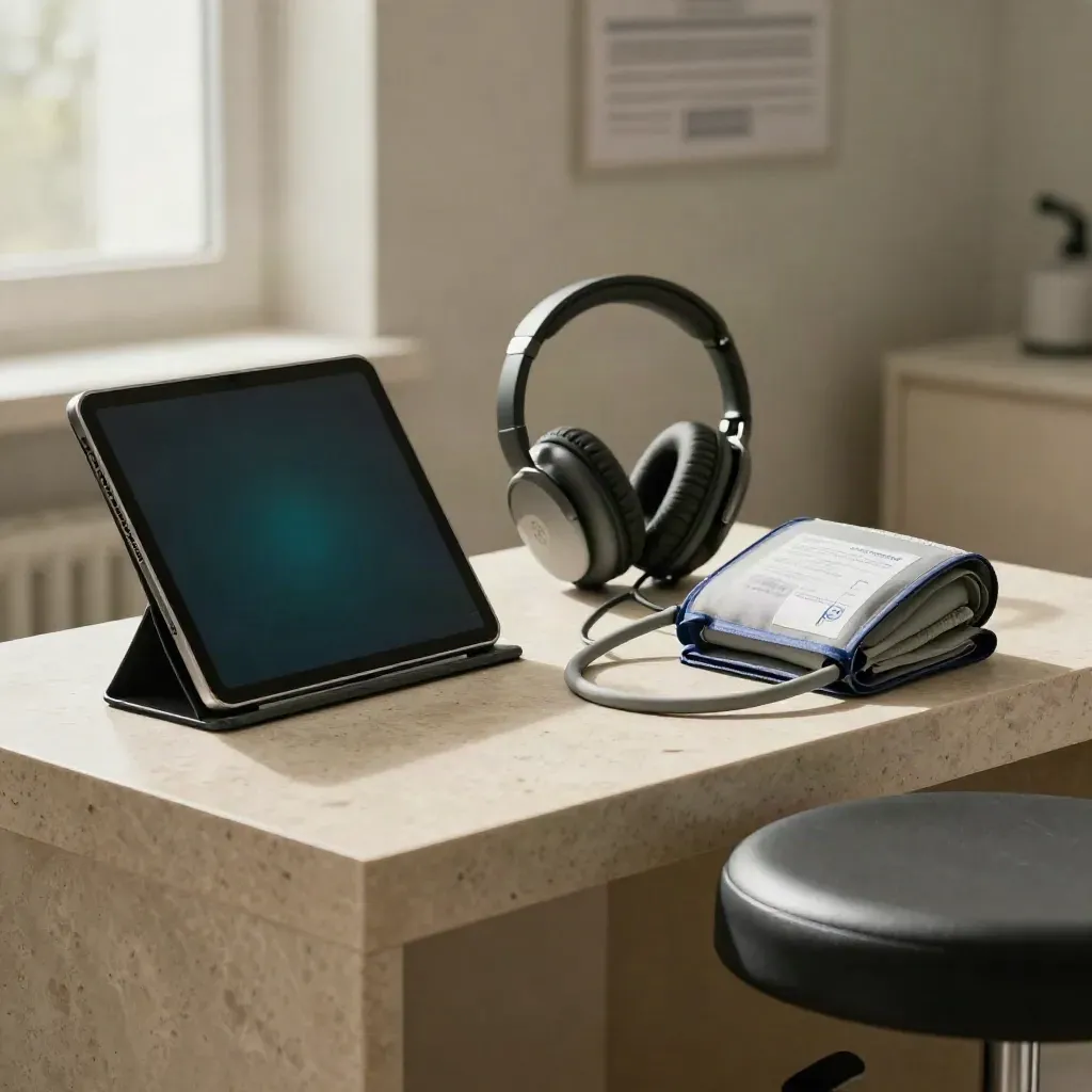 Tablet stand, headset, blood-pressure cuff and exam stool in a calm clinic consultation corner.