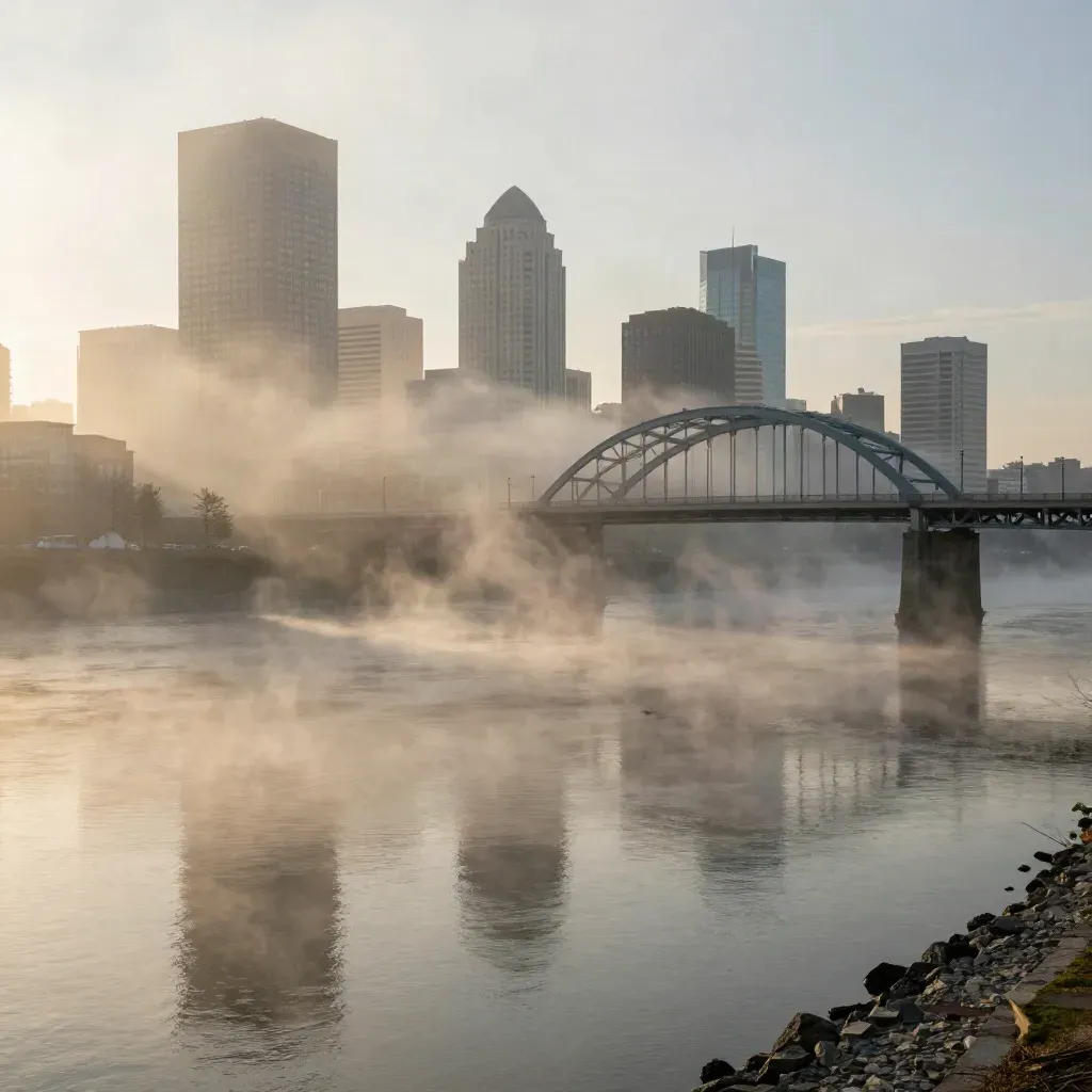 Dawn fog over Portland skyline and Willamette River beneath a high bridge arc.