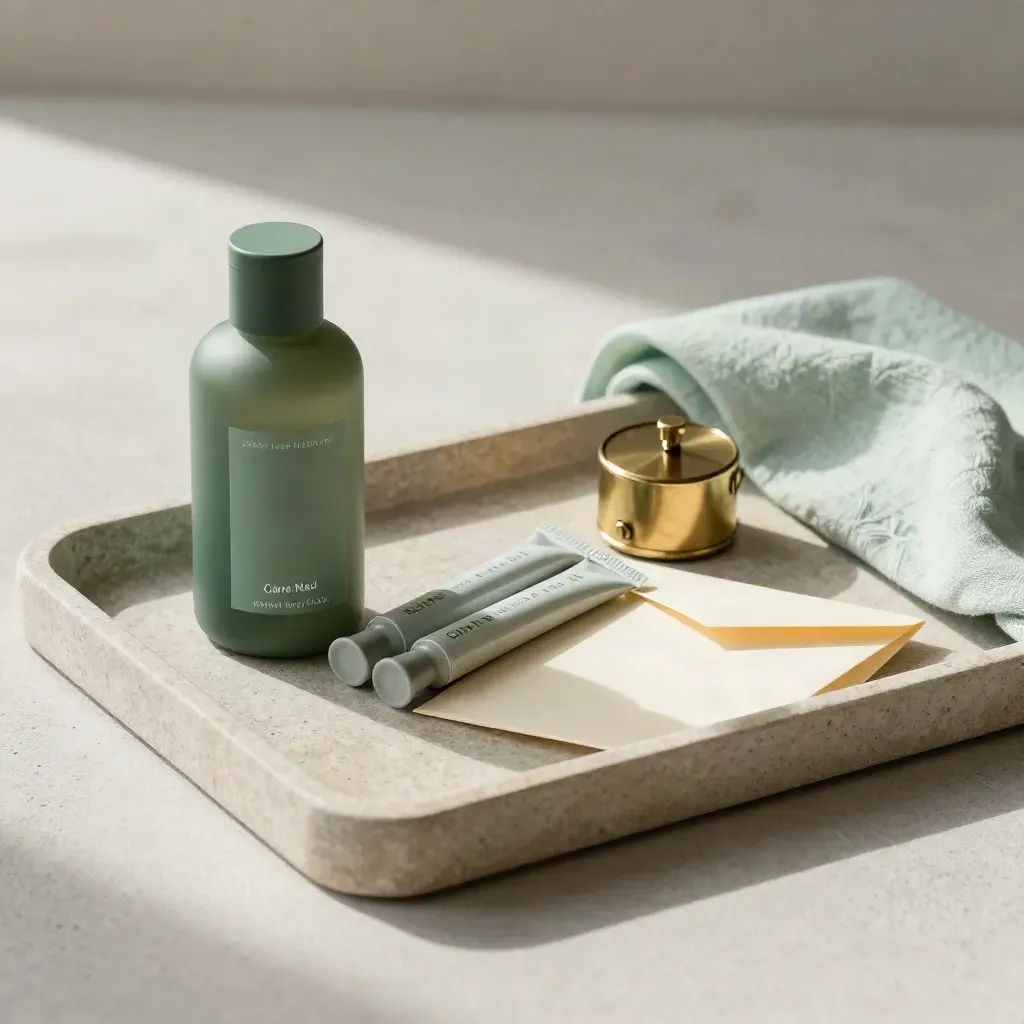 Stone tray with refill bottle, sample tubes, brass timer, and folded note envelope.