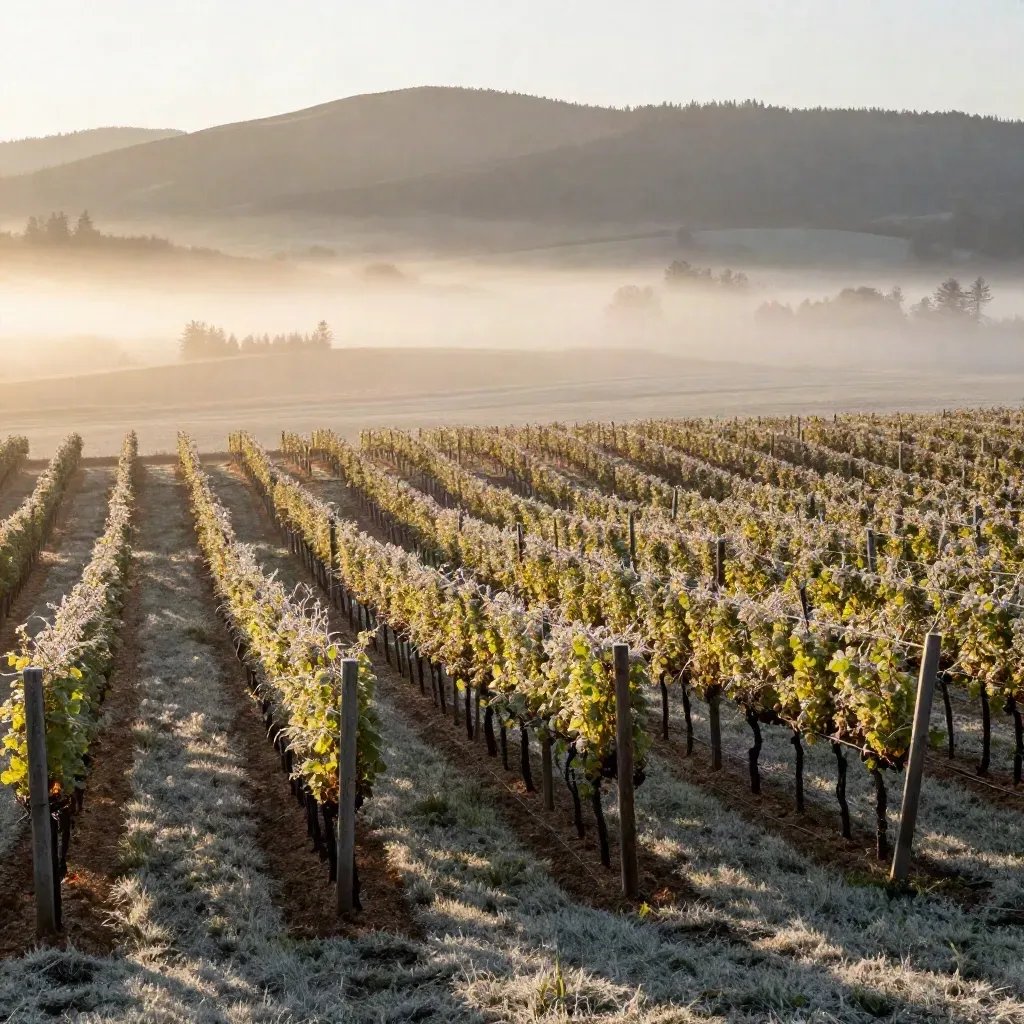 Fog lifts over Washington County vineyard rows with the Coast Range beyond.