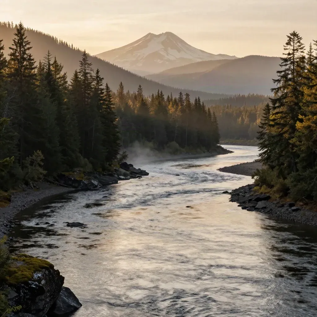 Clackamas County river bend with Mount Hood shoulder in golden haze