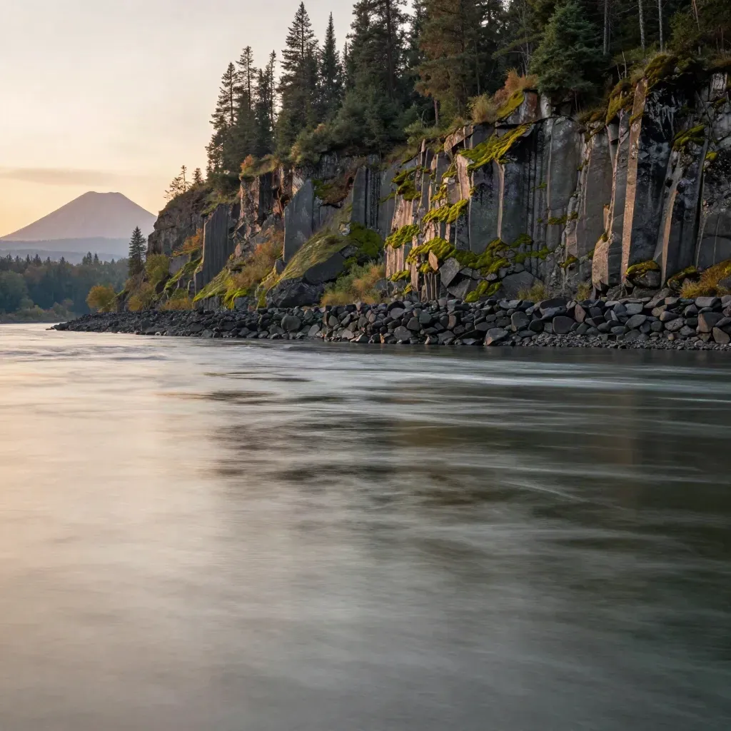 Basalt riverbank, forested bluff, and hazy volcanic horizon over a calm Columbia River surface.