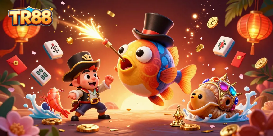 Experience an exciting TR88 adventure with a cartoon anglerfish and treasure-themed characters in a vibrant casino scene.