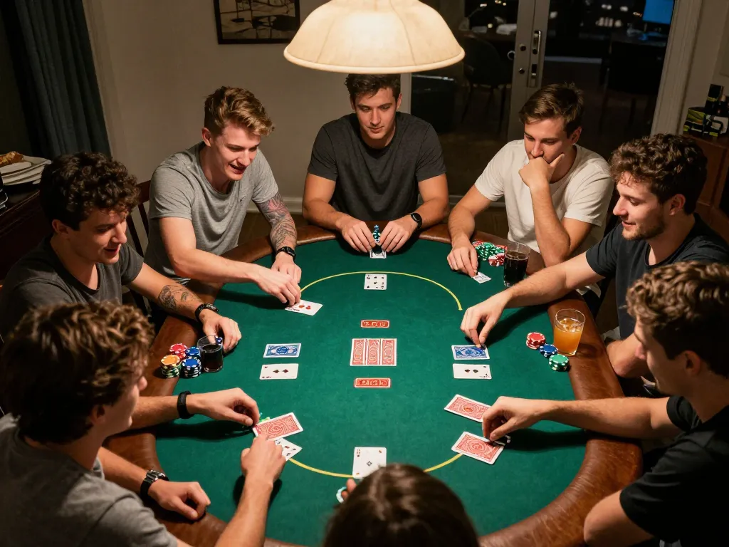 Engaged players enjoying a poker game during a home night, showcasing lc88 web atmosphere of friends and strategy