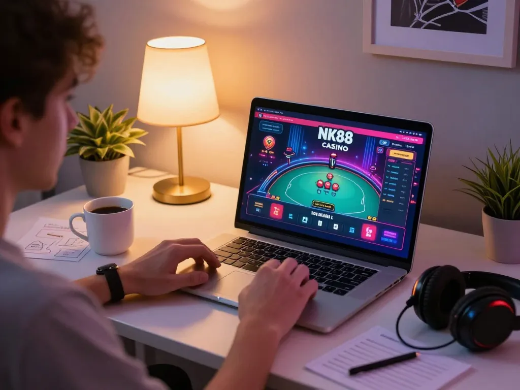 Player enjoying online gaming experience on nk88 com app in a modern, cozy setting.