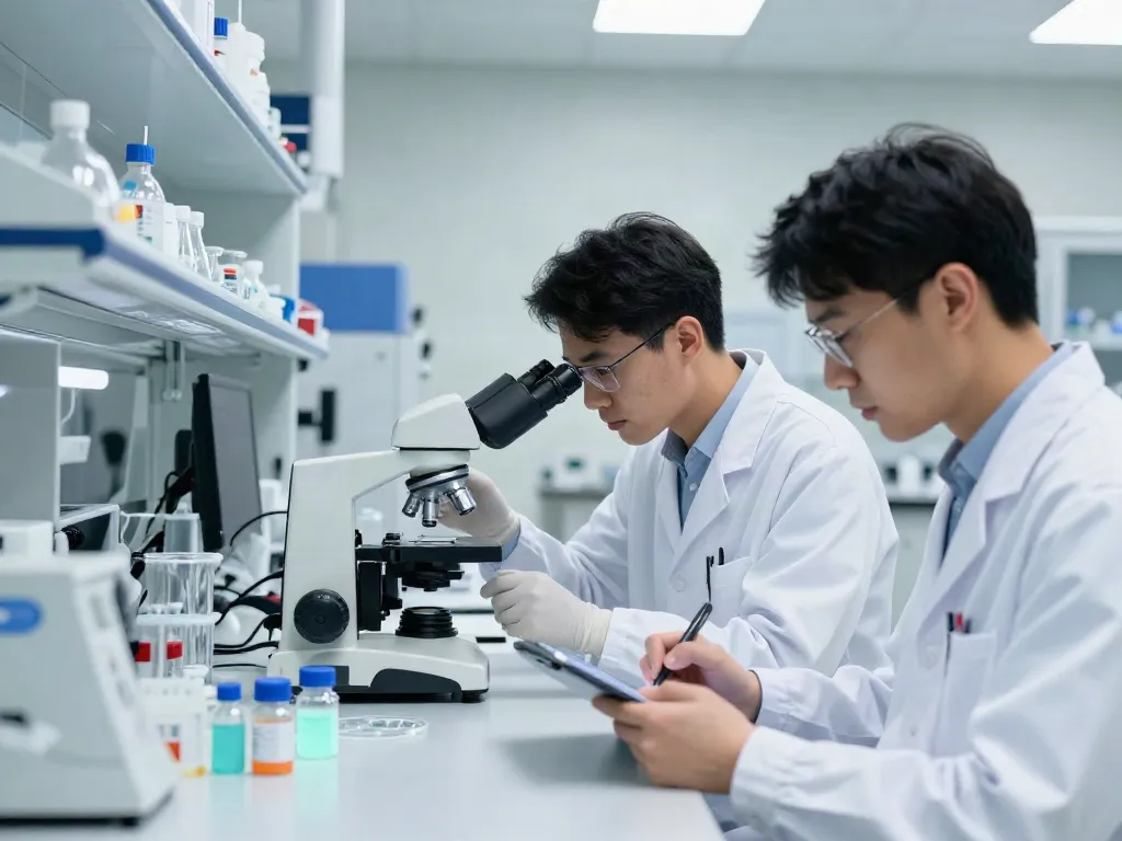 Researchers examining glow peptide blends in a high-tech lab setting.