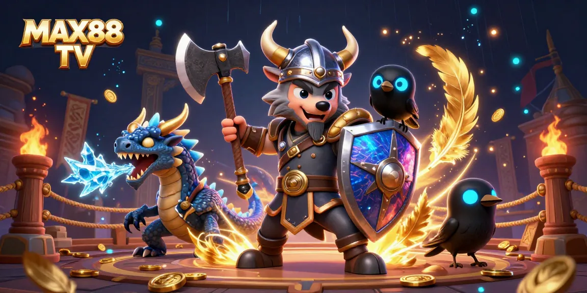 Engage in thrilling bets with MAX88 TV at a vibrant online casino featuring animated warriors and dragons.