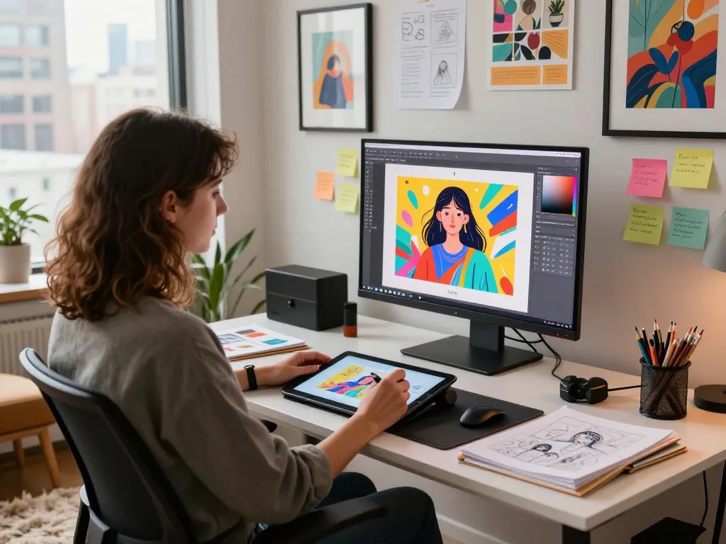 Creative workspace using image to prompt ai for vibrant illustrations and design inspiration.