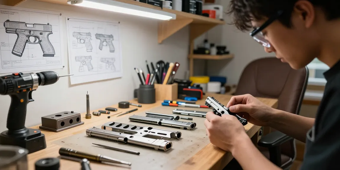 Customizing Glock slides in a detailed workshop at https://precisionglockslides.com, showcasing tools and aftermarket parts.