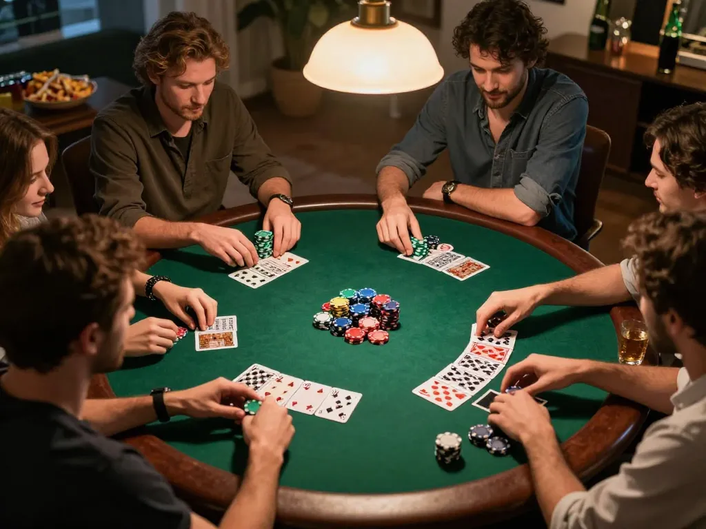 Friends enjoying a game night at home with 888top poker, chips, and cards on the table.