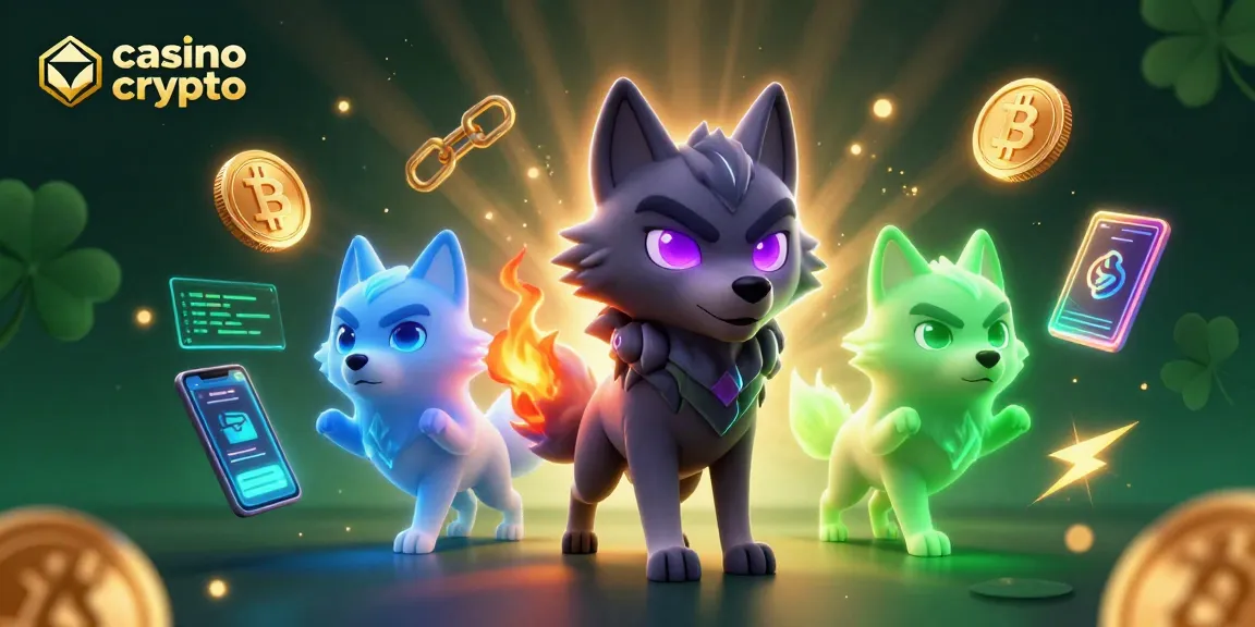 Jouer sur un casino crypto avec des personnages animés et des pièces de Bitcoin et Ethereum illuminées.