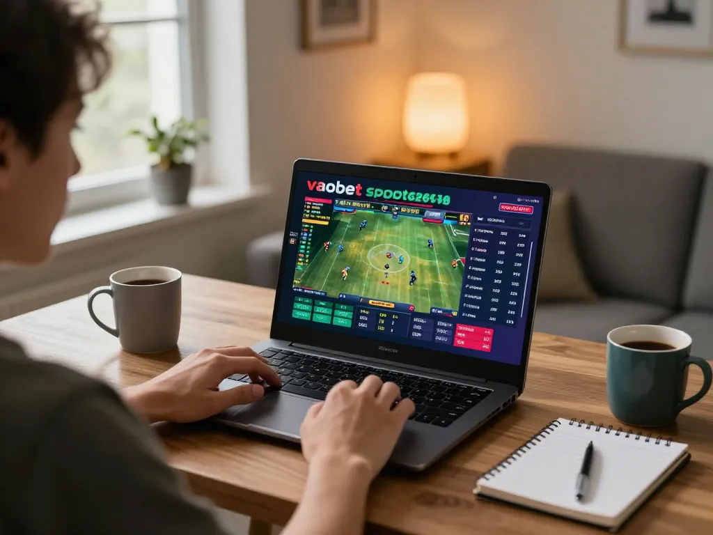 Engaged user placing bets on vaobet sports betting platform at home office.