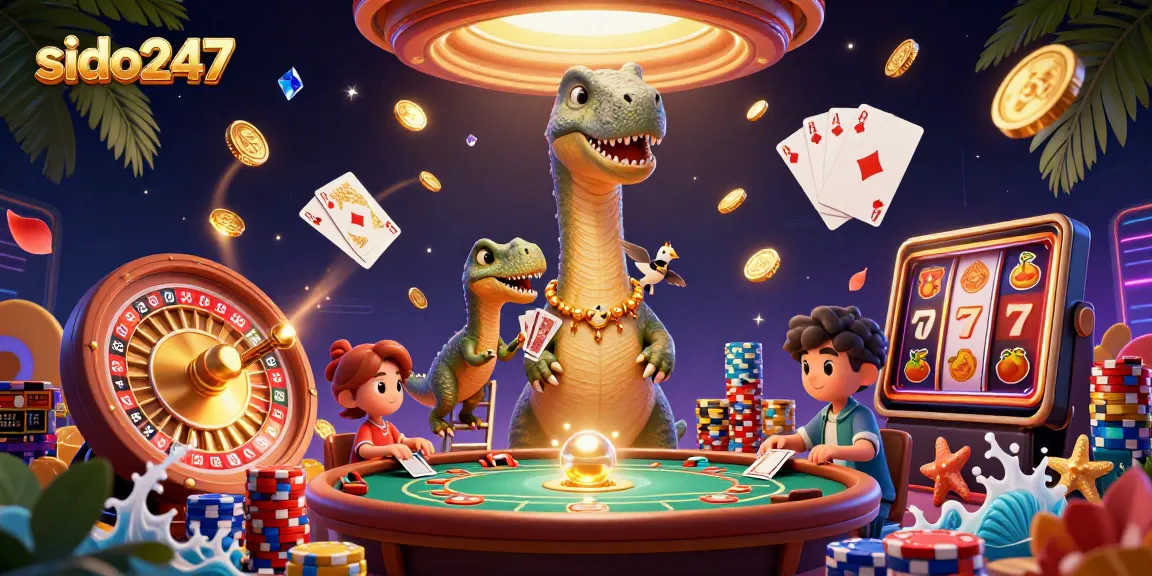Sido247 features a casino scene with a giant brontosaurus and clever raptor dealer, surrounded by winnings.
