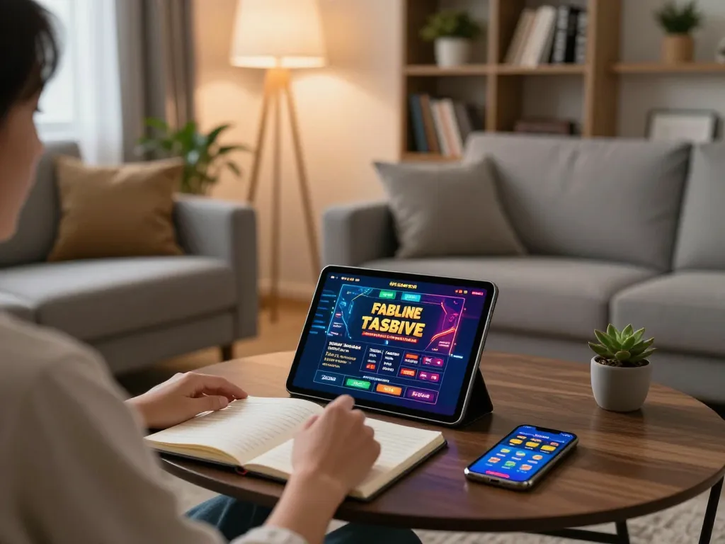 Engaging with the fabet online casino interface on a tablet in a stylish living room.