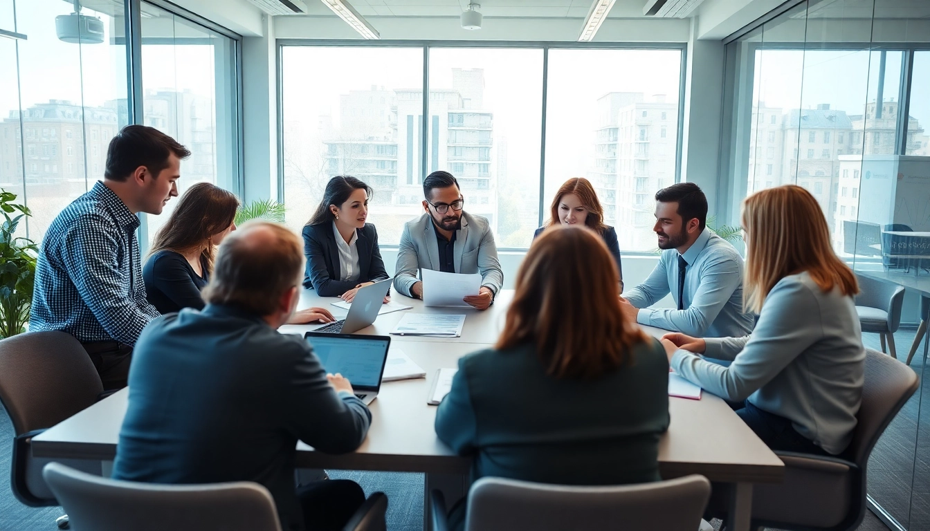Collaborative discussion on contracts and grants in a modern office setting.