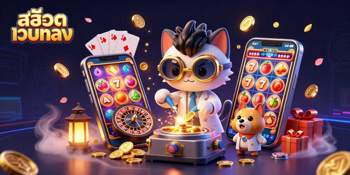 Engage with สล็อตเว็บตรง in a vibrant casino scene featuring dynamic slots action and a mad scientist cat.