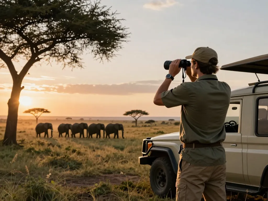 Tanzania safari tours in Serengeti with traveler observing elephants at sunset.