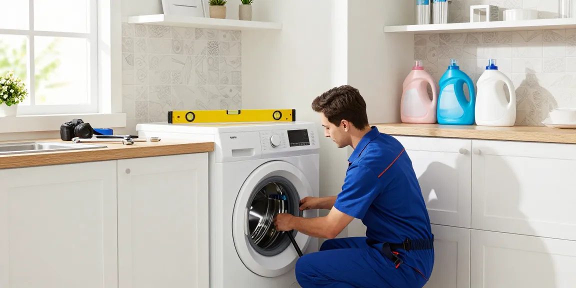 Professional technician performing a washer hook up installation in a bright laundry room.