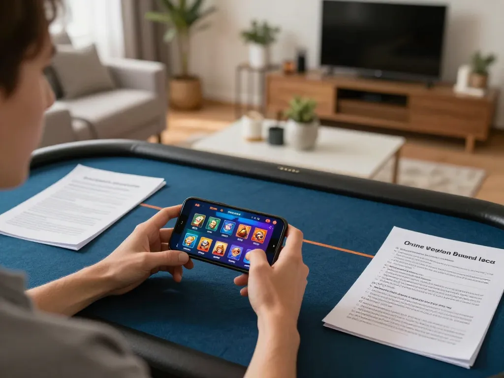 Engaging in interactive mini-game play on mobile device in a cozy living room setting