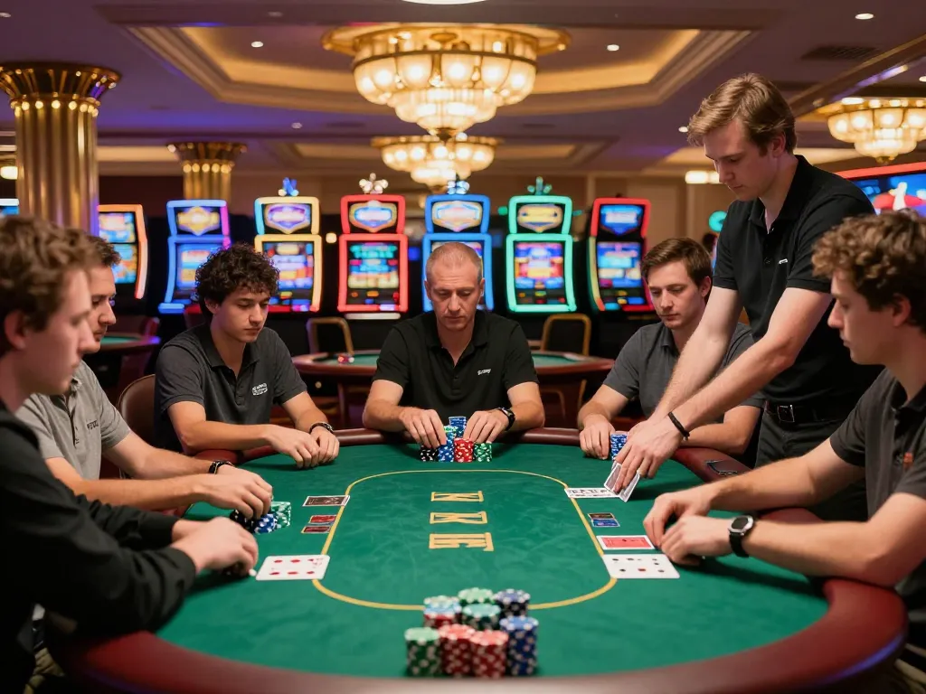 Players engaging in poker strategy at 566 casino table during intense game.