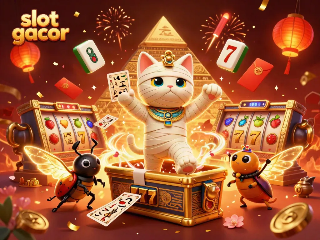 Experience the excitement of slot gacor with a dynamic 3D scene featuring Egyptian-themed characters and vibrant casino elements.