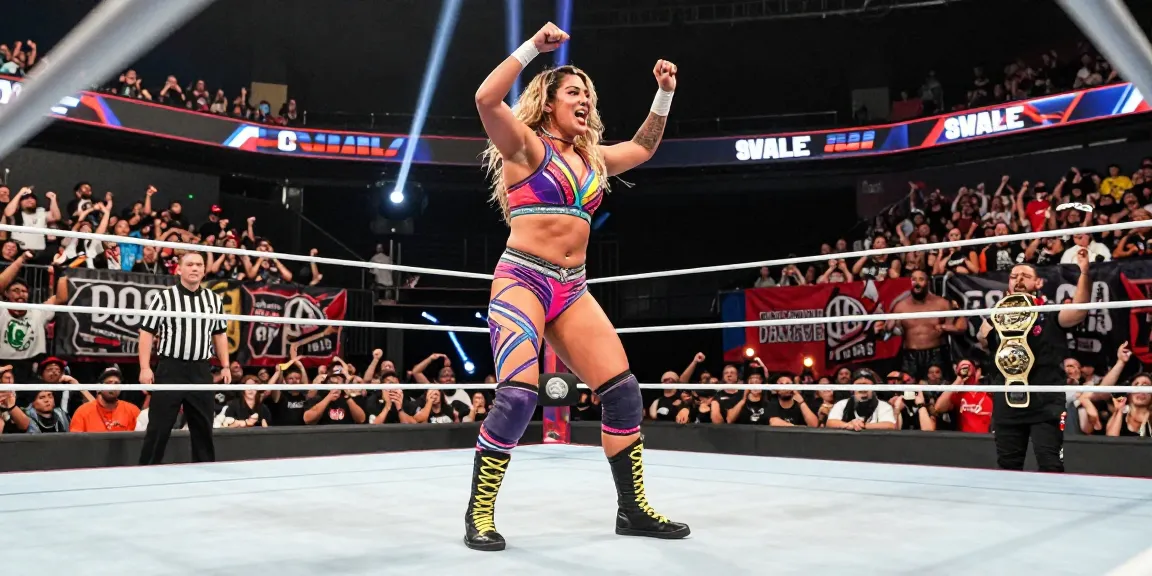 Roxanne Perez performing in the wrestling ring, showcasing her athleticism and vibrant gear amidst an excited crowd.