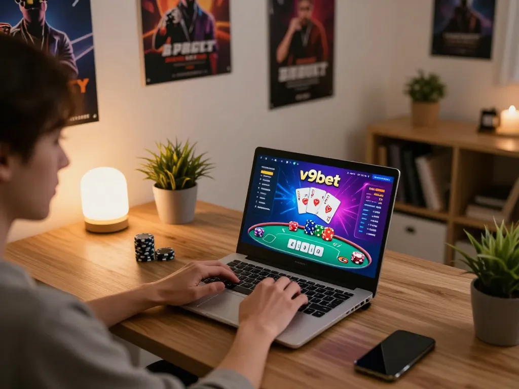 Player engaged in strategic gameplay on v9bet, showcasing vibrant online casino interface with poker elements