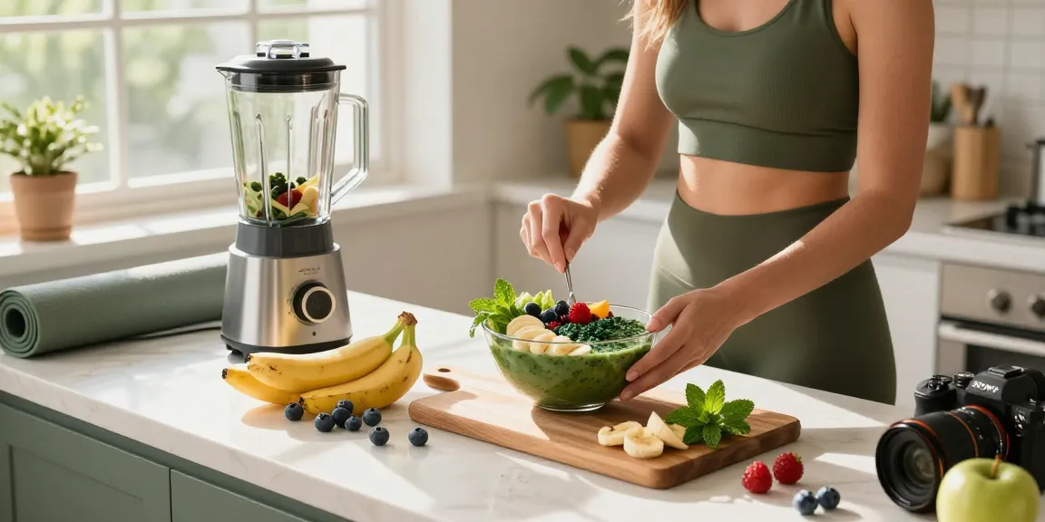 Healthy smoothie bowl preparation with microalgae astaxanthin and fresh fruits.