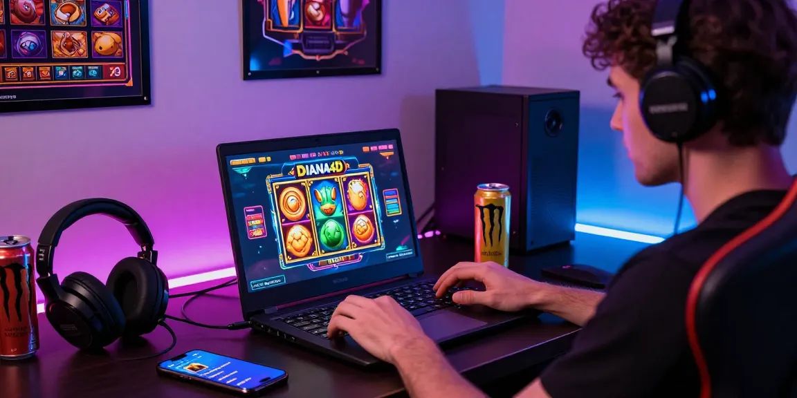 Streaming permainan slot di DIANA4D, gamer fokus dengan headset dan laptop di ruang nyaman.