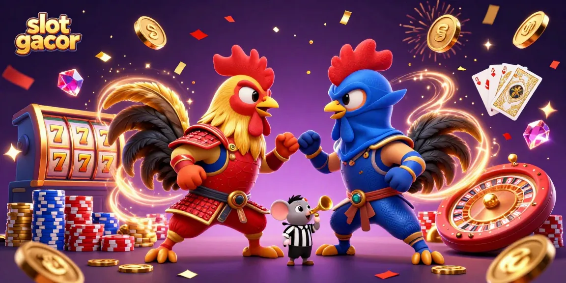 Engage with slot gacor while witnessing an epic standoff between two cartoon roosters, one samurai and one ninja, surrounded by dynamic casino elements.