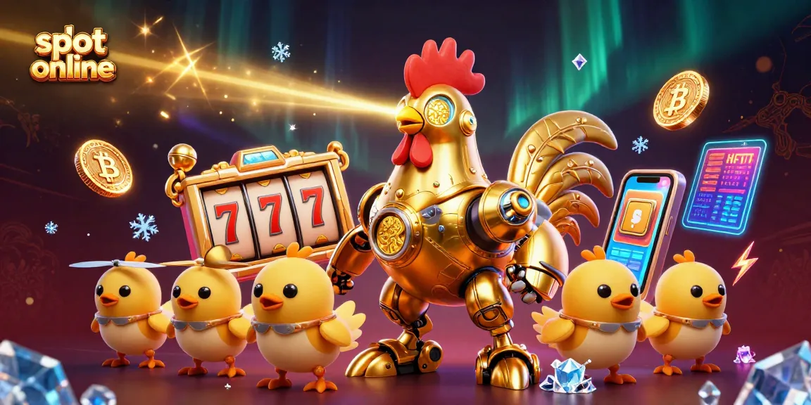 Experience thrilling slot online action with our vibrant casino scene featuring a golden rooster robot!