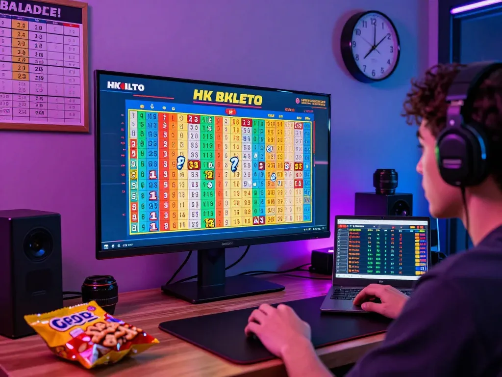 HK Lotto excitement with player watching live results surrounded by tickets and gaming setup.