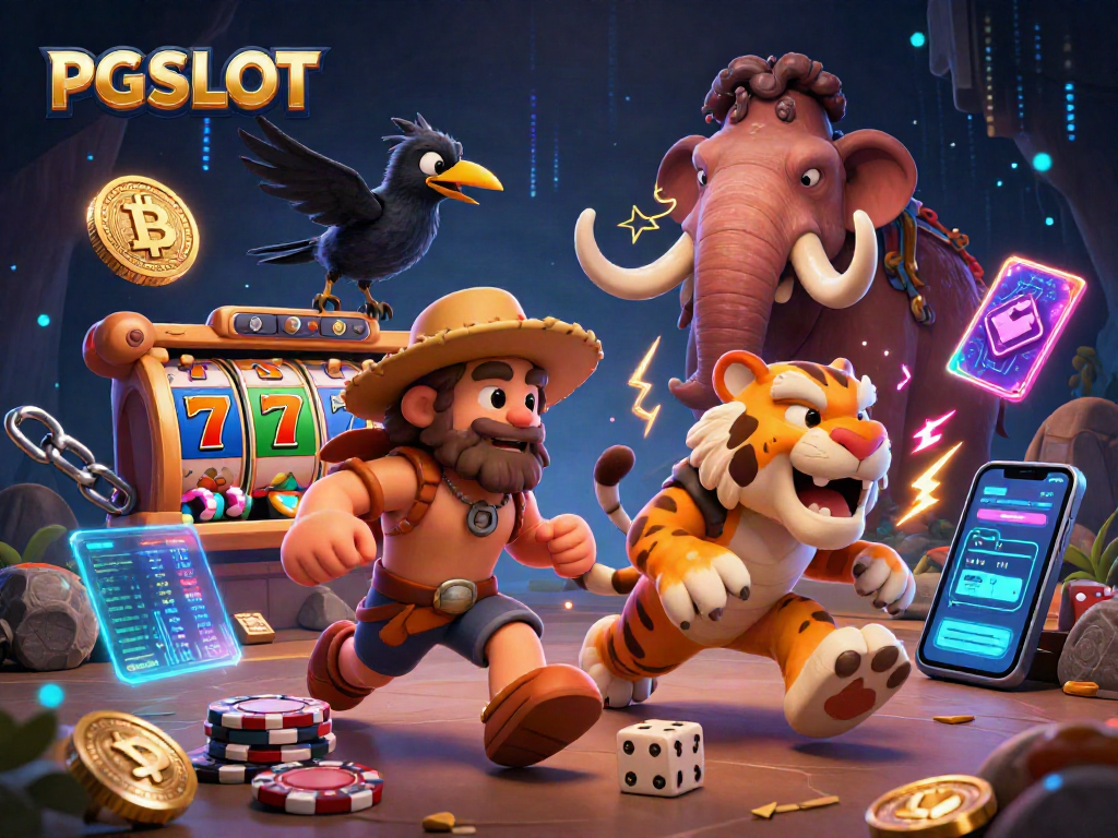 Experience thrilling PG SLOT action with cavemen and crypto elements in this vibrant casino scene.