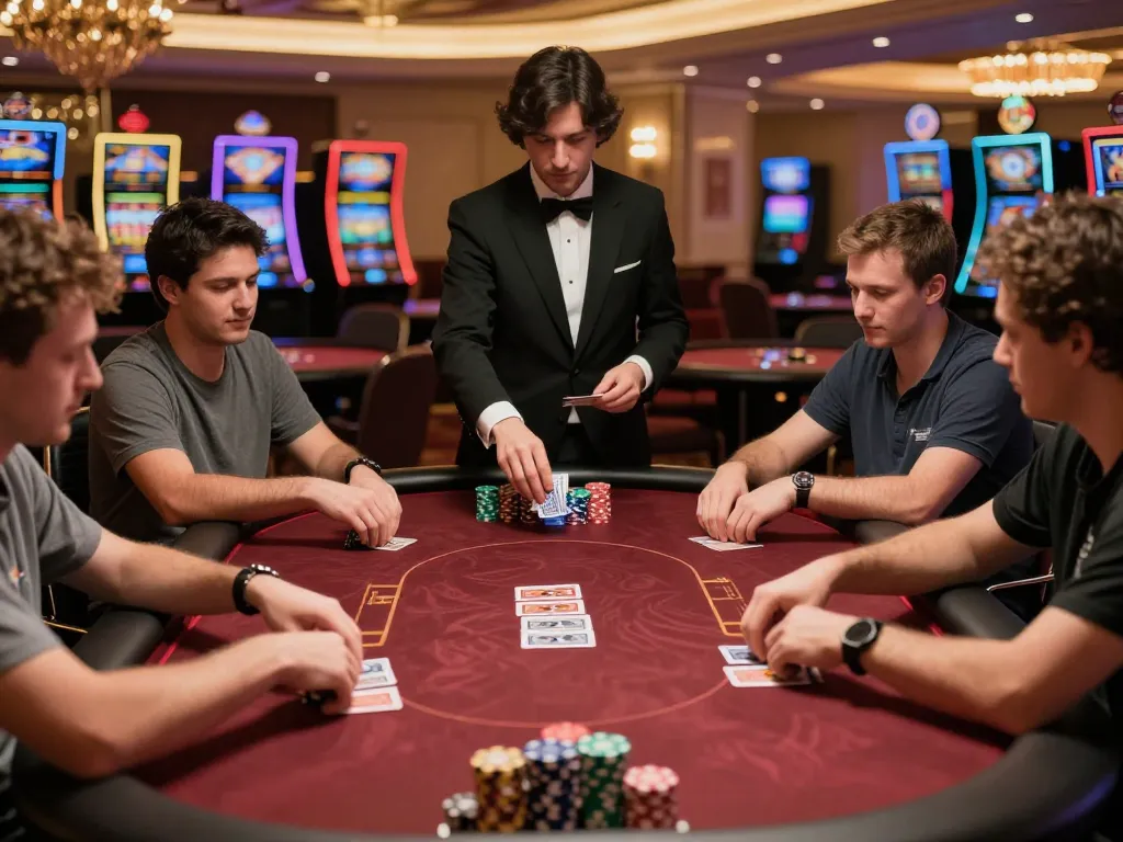 Fabet players strategizing at a poker table, showcasing the excitement of high-stakes gameplay