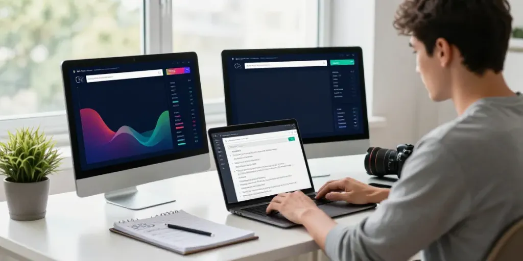 Tech professional using instant indexing tools at a modern home office.