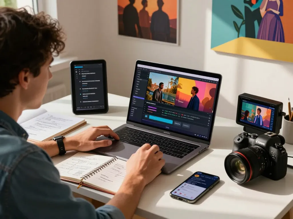 Generate video to prompt insights in a creative workspace with a content creator, laptop, and cinematic visuals.