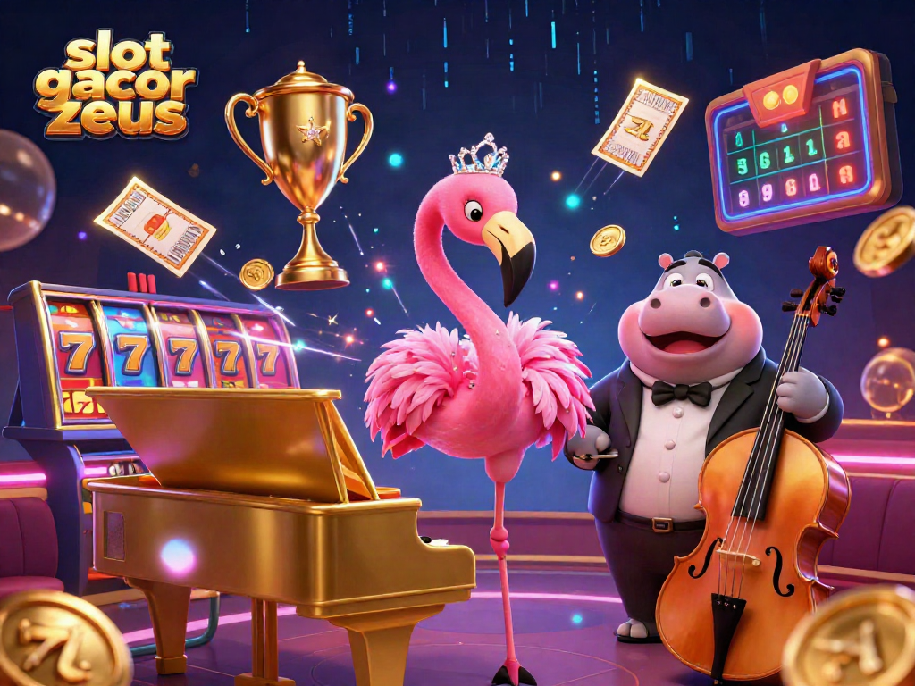 Engage with slot gacor zeus in a vibrant 3D casino illustration of a flamingo and hippo in a dynamic scene.