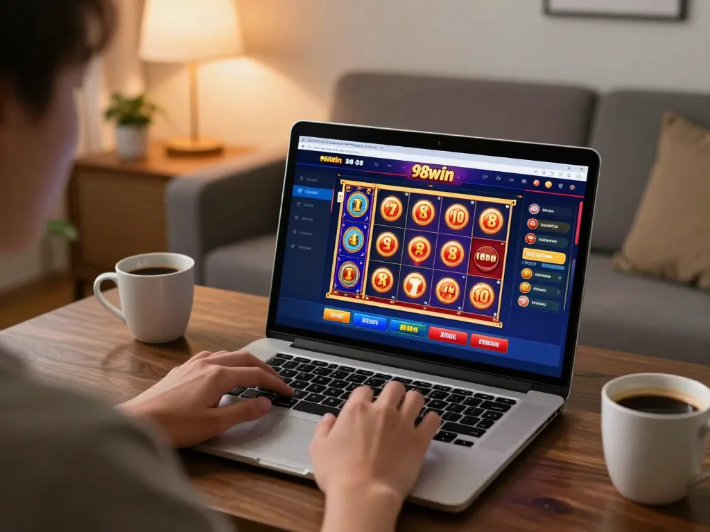 Player engaged with 98win casino on a laptop showing vibrant slots and poker games.