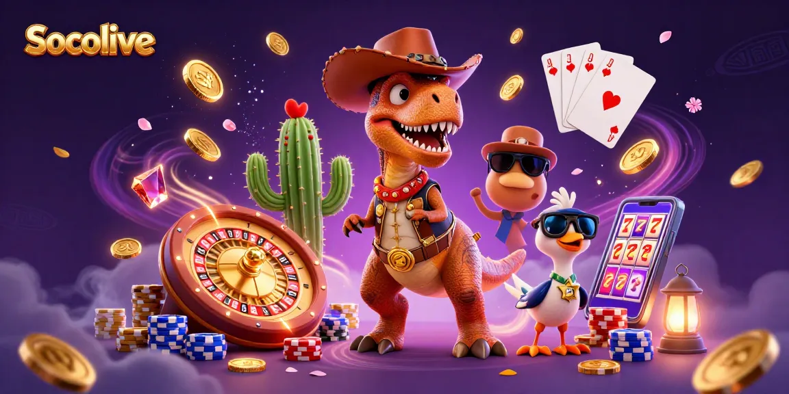 Socolive champions dynamic sports betting with a vibrant, engaging illustration showcasing cowboy dinosaur characters and casino elements.