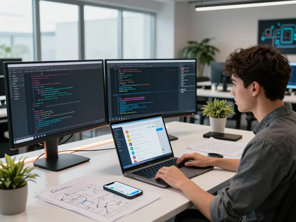 Engaging workspace with a developer using ClawdBot for task automation and collaboration through messaging apps.