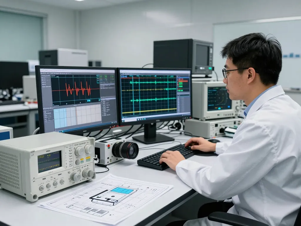 Engineer conducting RF testing in a high-tech lab with advanced equipment and data analysis.