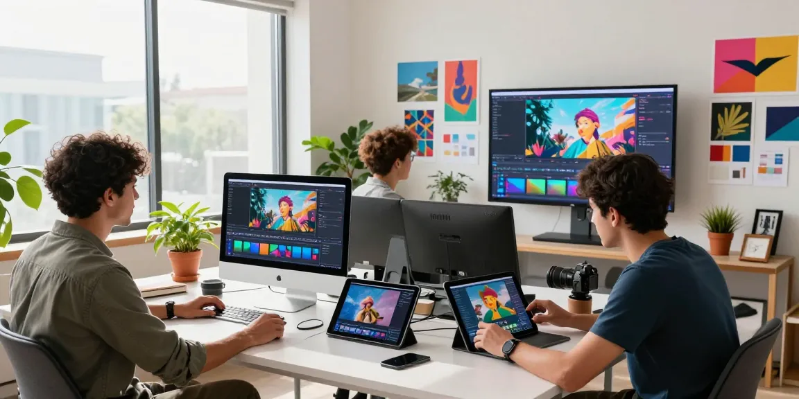 Group of diverse creators collaborating on stunning videos using Seedance AI in a bright modern studio