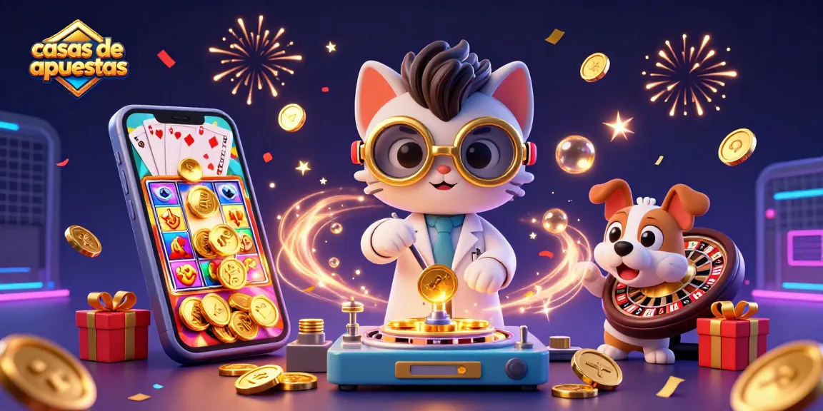 Ilustración 3D de casas de apuestas con un gato científico y un perro asistente rodeados de juegos de azar.
