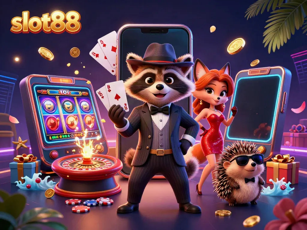 Experience thrilling action with slot88 as a suave raccoon, fox lady, and bouncer star in a vibrant casino scene.