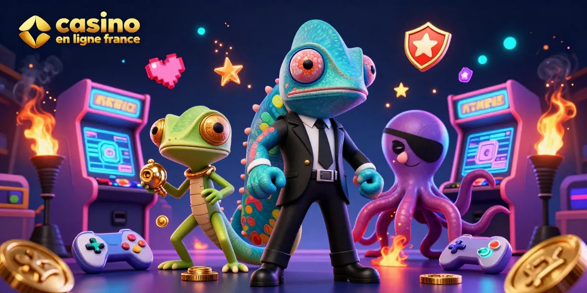 Découvrez l'univers des jeux de casino en ligne France avec une illustration dynamique remplie de couleurs et de personnages captivants.